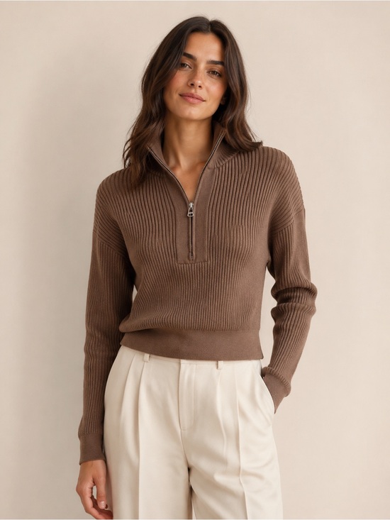 Varley Sweaters - Varley Reid Half-Zip Ribbed Knit Sweater Brown Women’s XS